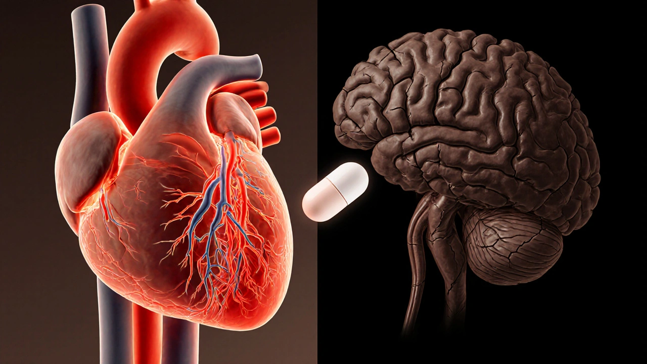 A heart with healthy blood vessels on one side and damaged vessels on the other, with a missing pill floating between them.
