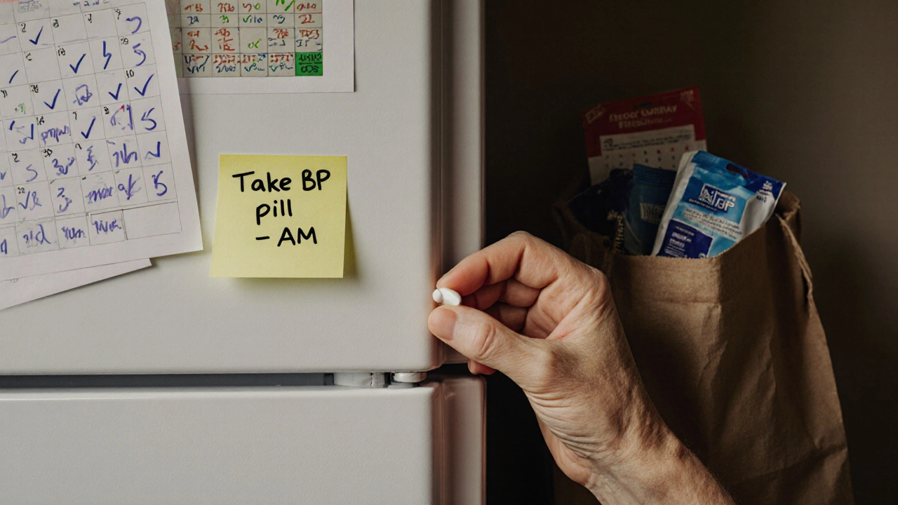 An elderly hand taking medication with a sticky note reminder on the fridge and a marked calendar in the background.