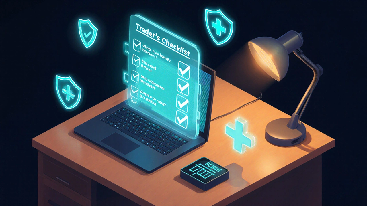 Isometric desk scene with holographic risk‑management icons and a futures chart on a laptop.