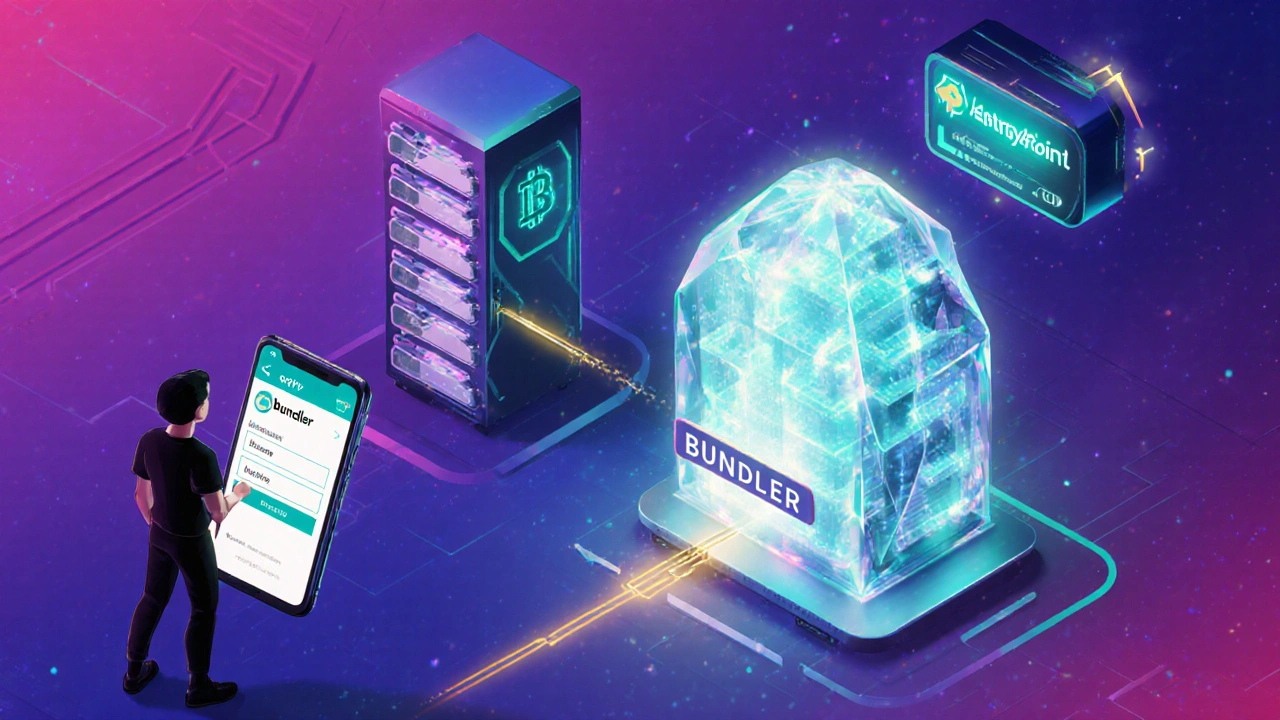 Isometric view of a user operation flowing through a bundler to an EntryPoint and paymaster.