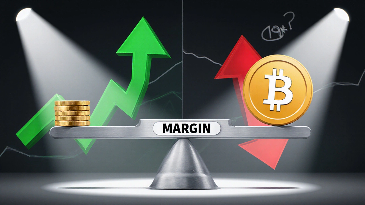 Lever illustration showing a small margin coin powering a large Bitcoin position with profit and loss arrows.