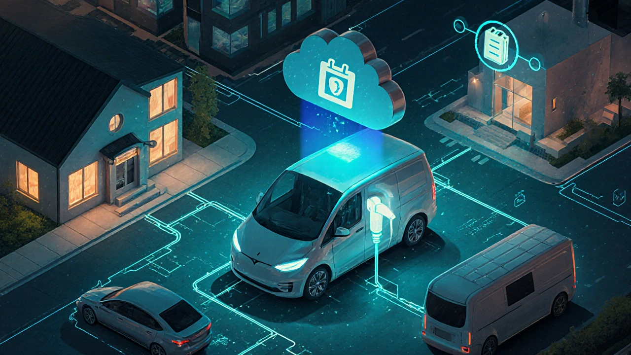 A network of mobile service vans connecting to electric vehicles with digital repair data floating in the air.
