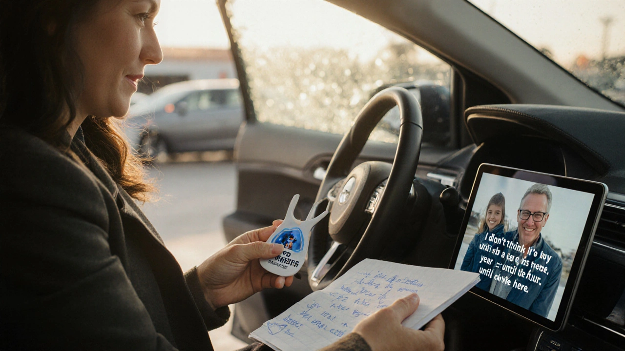 A salesperson gives a handwritten thank-you note and winter scraper to a happy customer leaving with their new car.
