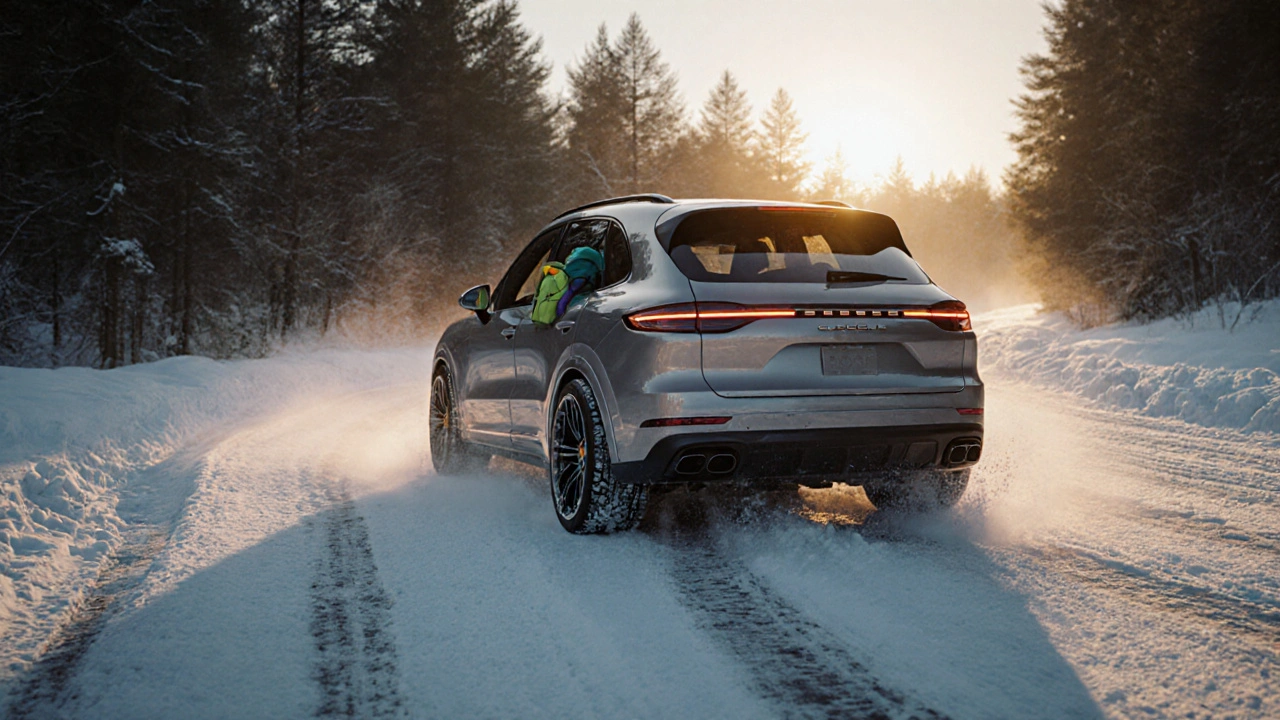 A teacher drives a performance SUV through a snowy forest road at dawn with family gear visible inside.