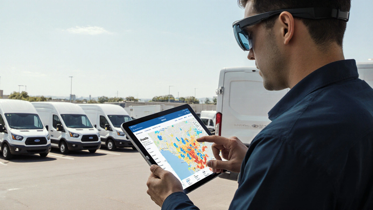 A technician using a tablet with real-time dispatch data and GPS tracking for mobile service units.