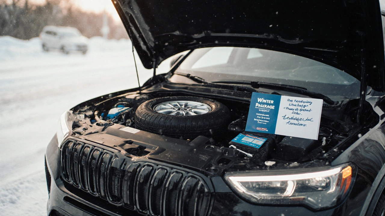 A winter-ready car package displayed with tires, service documents, and a fuel card, symbolizing value beyond price.