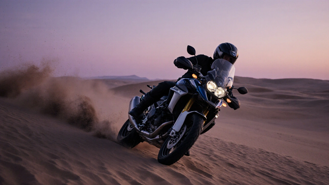 BMW R 1300 GS on desert dunes at sunset, rider leaning into turn, sand flying, dashboard glowing.
