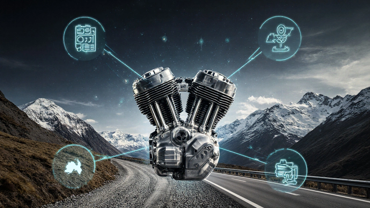 Boxer engine at center with global adventure routes radiating out, symbolizing BMW&#039;s worldwide reliability.