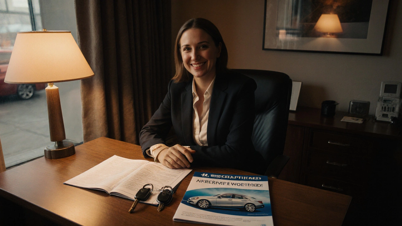 Buyer reviewing warranty booklet and vehicle history report while holding keys for a certified pre‑owned car.