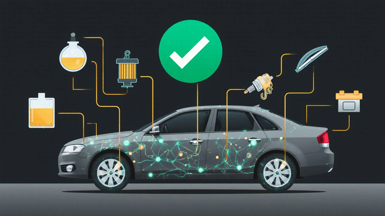 Car with fluid pathways and cheap repair icons leading to a green checkmark