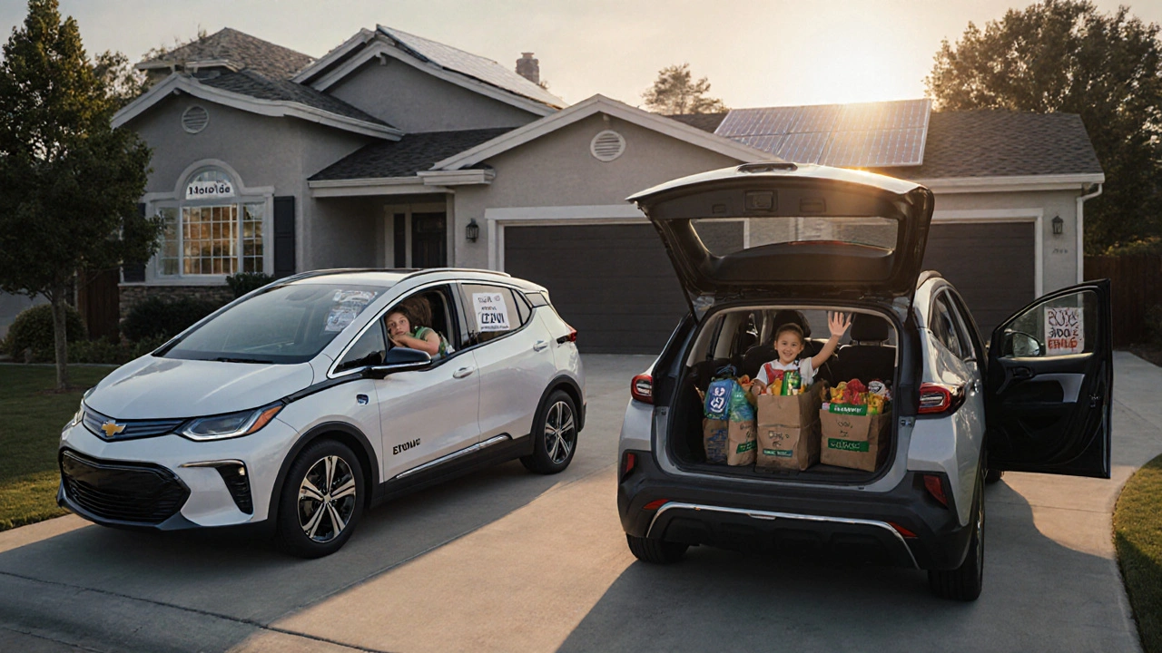 Chevrolet Bolt EUV and Toyota bZ4X in a driveway with a family loading groceries.
