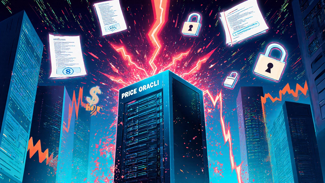 Comic‑style scene of a price‑oracle server under lightning‑like DDoS flood with locked contracts.