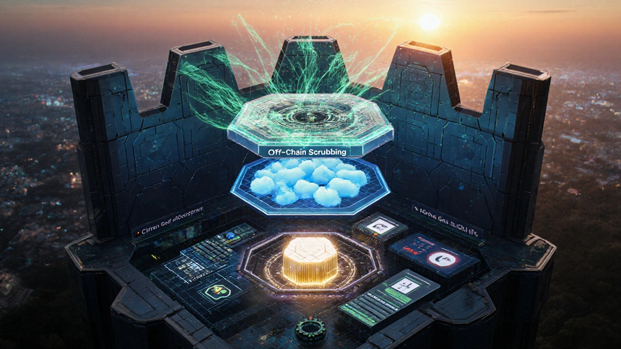 Concept art of a multi‑layered defense fortress protecting a blockchain node.