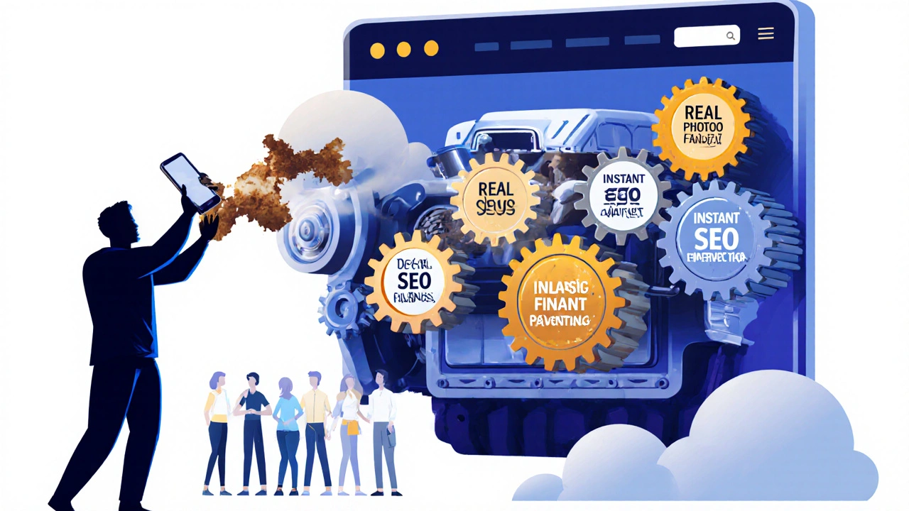 Conceptual engine with gears representing key website features powering dealership leads.