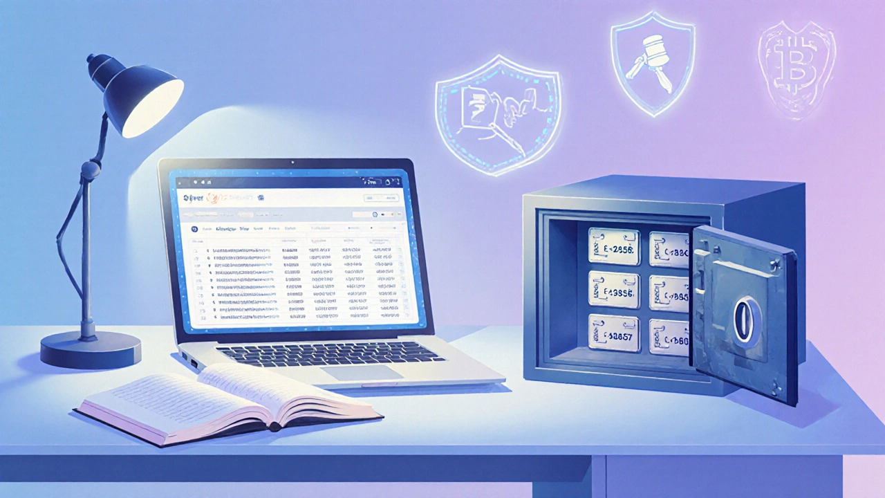 Conceptual scene of person reviewing stop‑loss orders, tax ledger, and metal seed phrase backup.