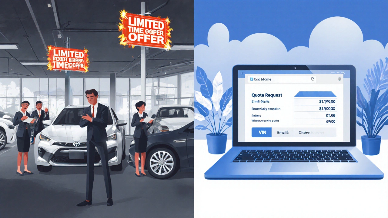 Contrasting scenes: high-pressure dealership vs calm email negotiation.