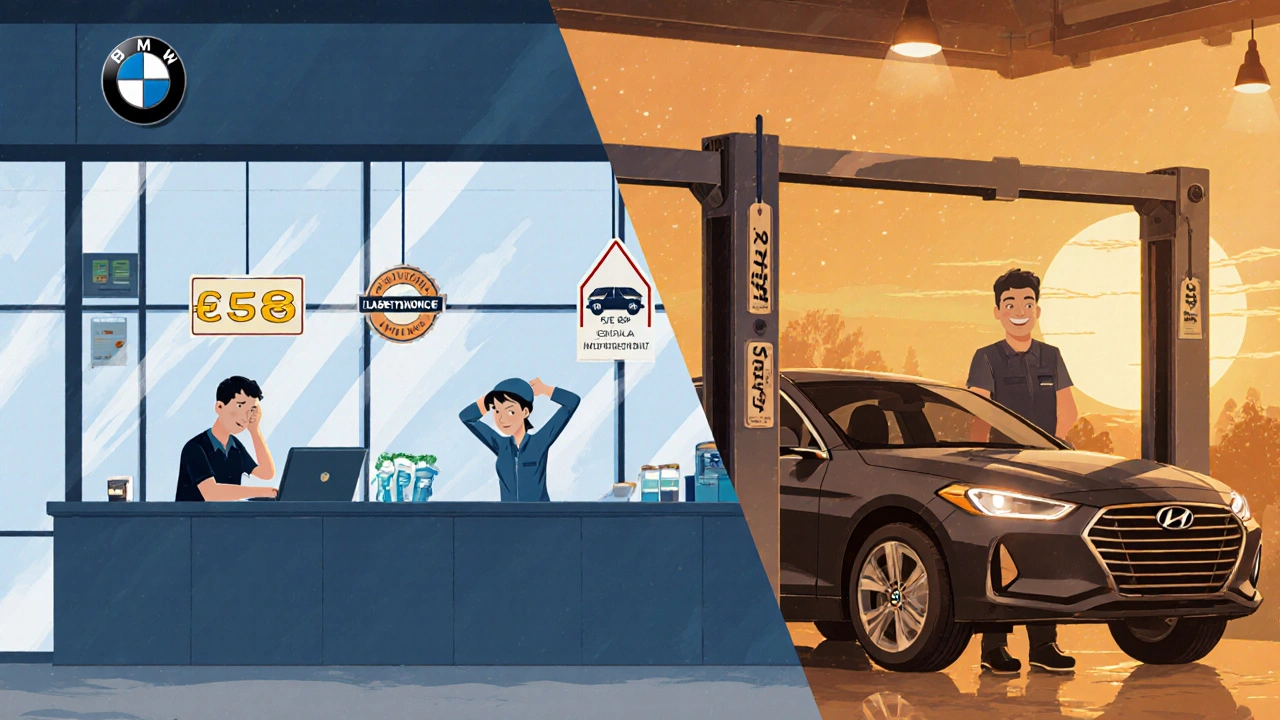 Contrasting service centers: luxury dealership vs. affordable independent garage for a Hyundai.