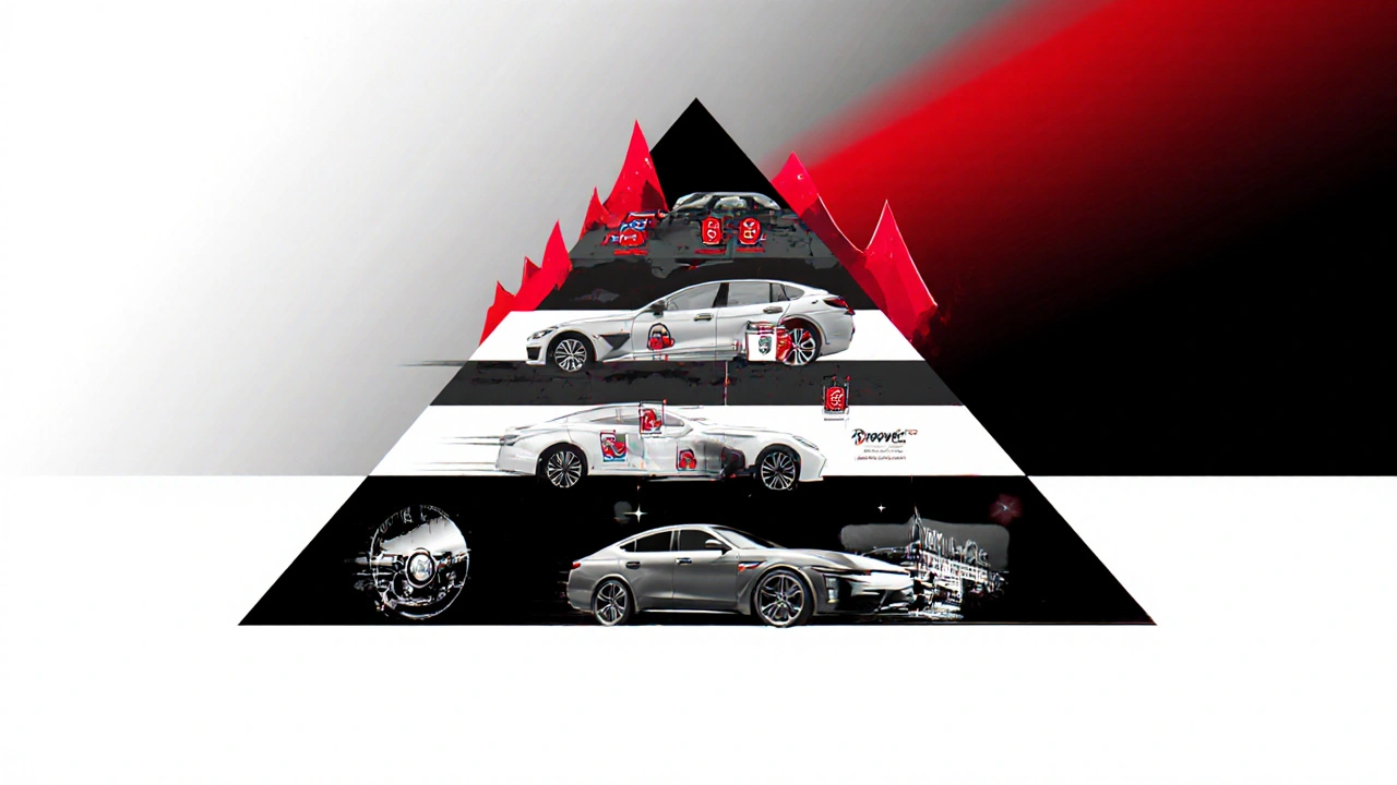 Cost pyramid showing low service expenses for Toyota, Honda, and Hyundai compared to expensive luxury brands.