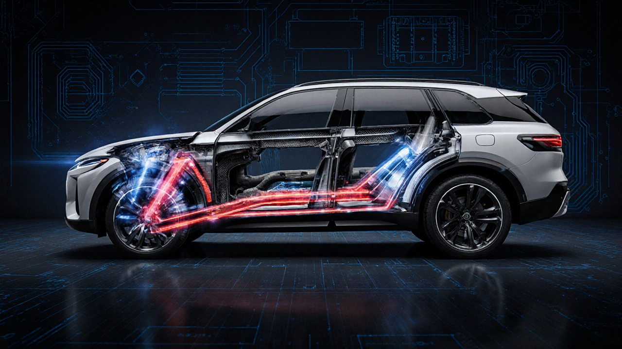 Cross-section illustration of a performance SUV showing torque vectoring and active anti-roll bars in action.