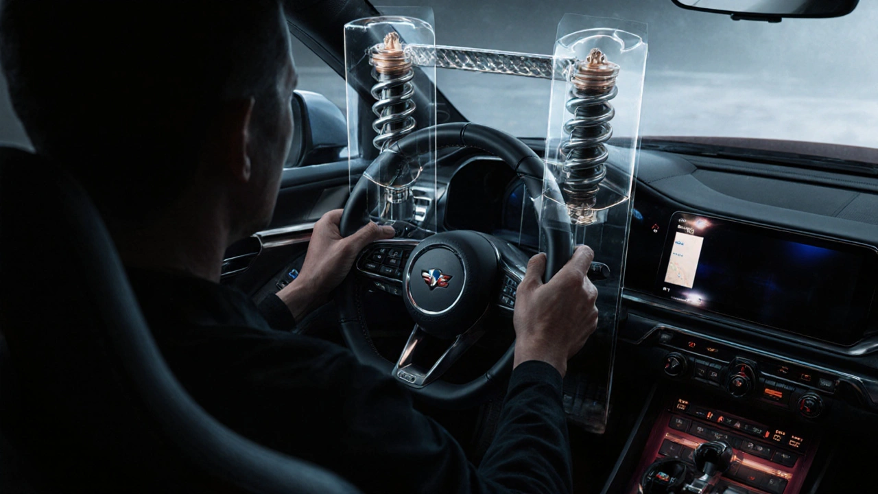 Driver&#039;s hands on a steering wheel with transparent overlays illustrating strut brace stiffness and sway bar torque forces.