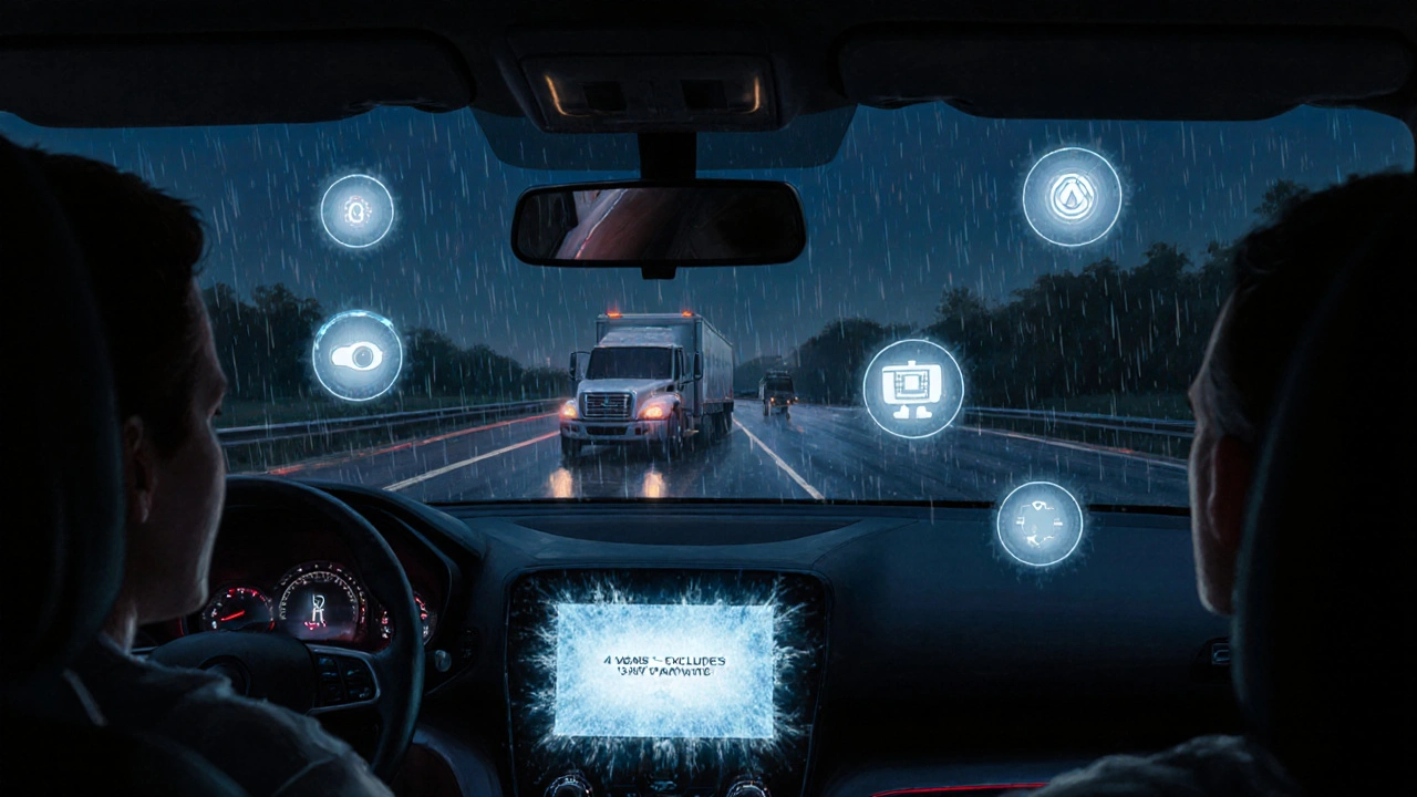 Driver in dark car with frozen touchscreen, rain outside, tow truck approaching at night.