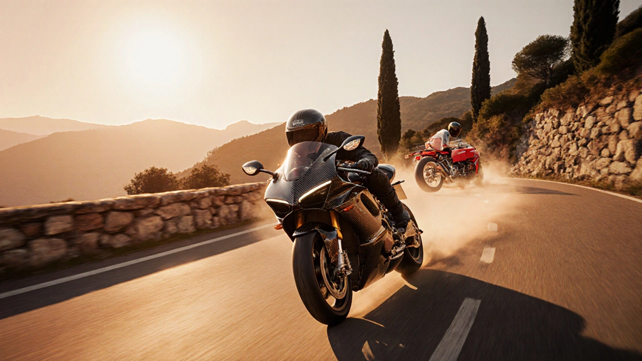 Ducati Panigale V4 R cornering on an Italian mountain road with ghostly 1970s model overlay.