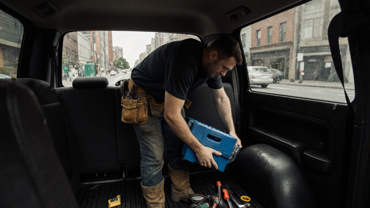 Electrician struggling to fit tools into the cramped back seat of an extended cab truck.