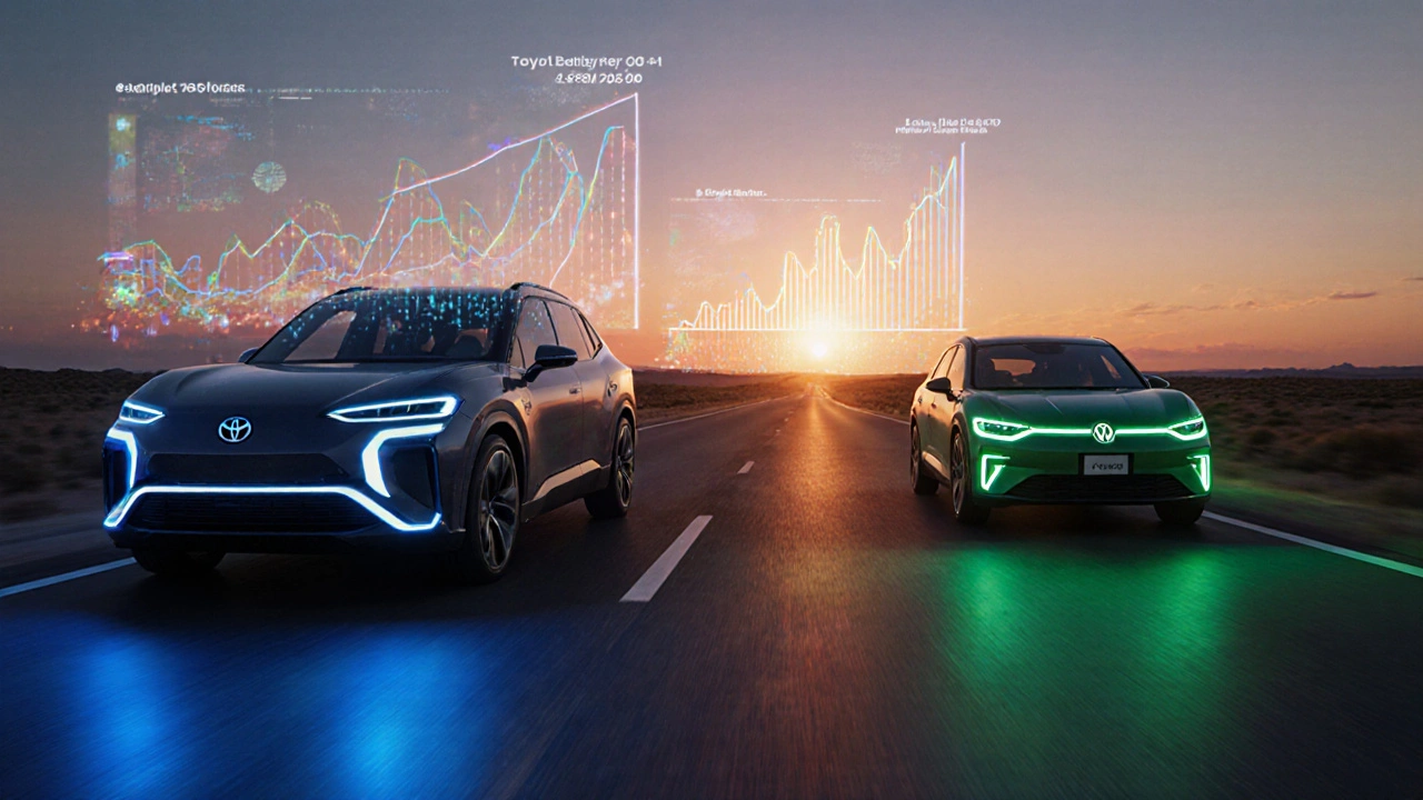 Futuristic road with a Toyota electric SUV and a Volkswagen ID. hatchback racing toward a sunrise.