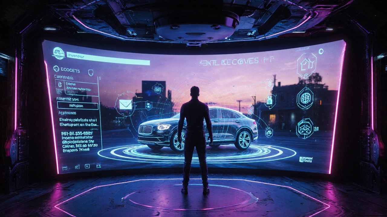 Futuristic room with a holographic car model and neon lighting representing online car buying.