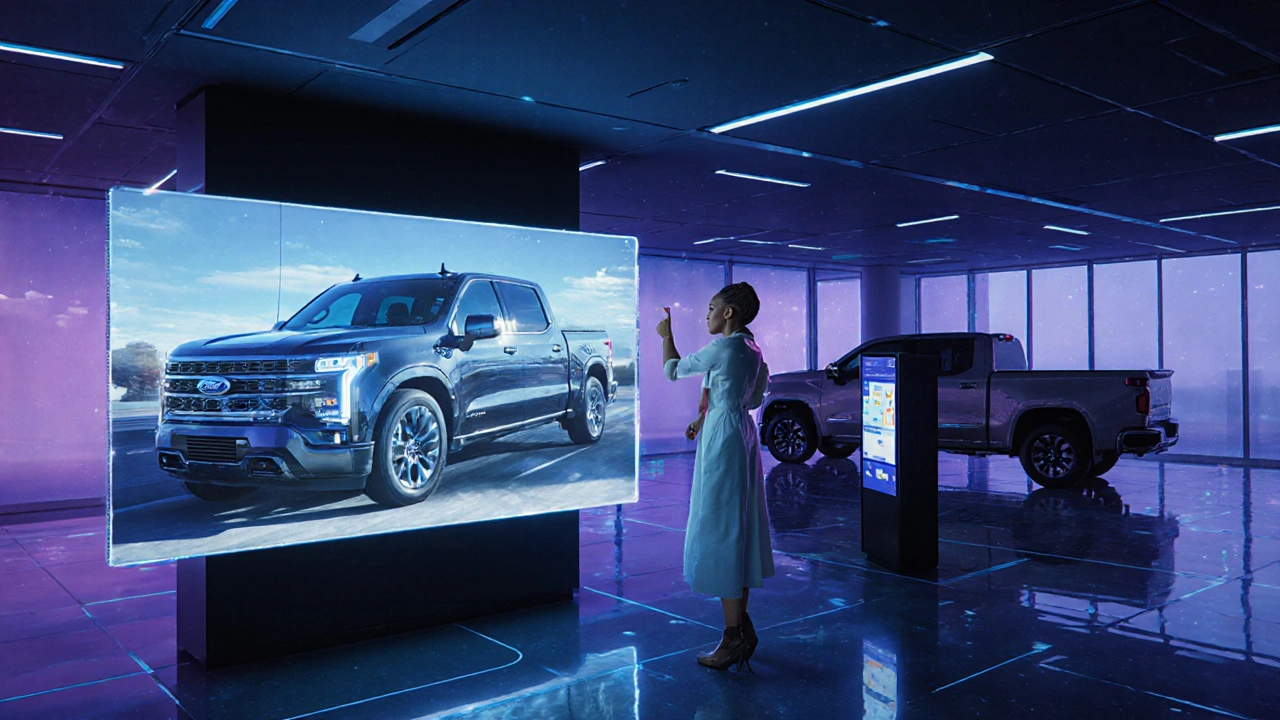 Futuristic showroom featuring electric trucks, holographic displays, and a subscription kiosk.