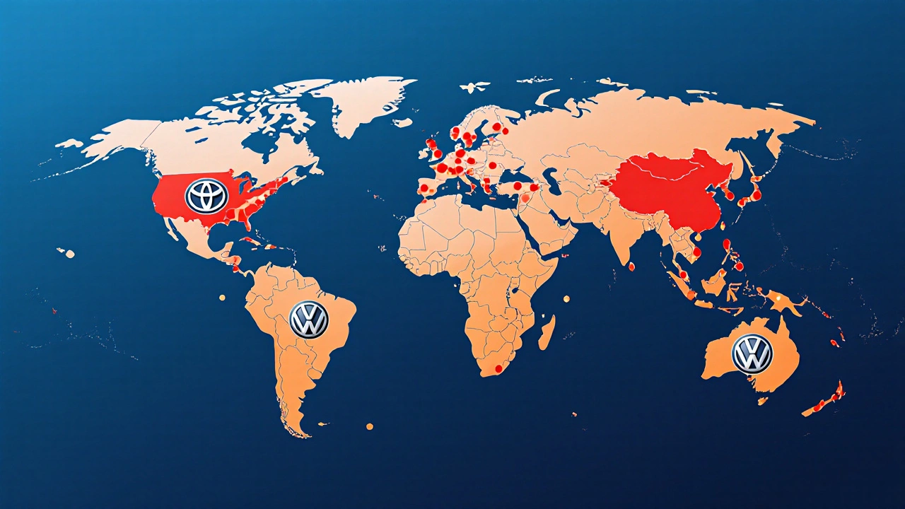 Globe map with red Toyota icons in North America/Asia and silver Volkswagen icons in Europe, showing dealer clusters.