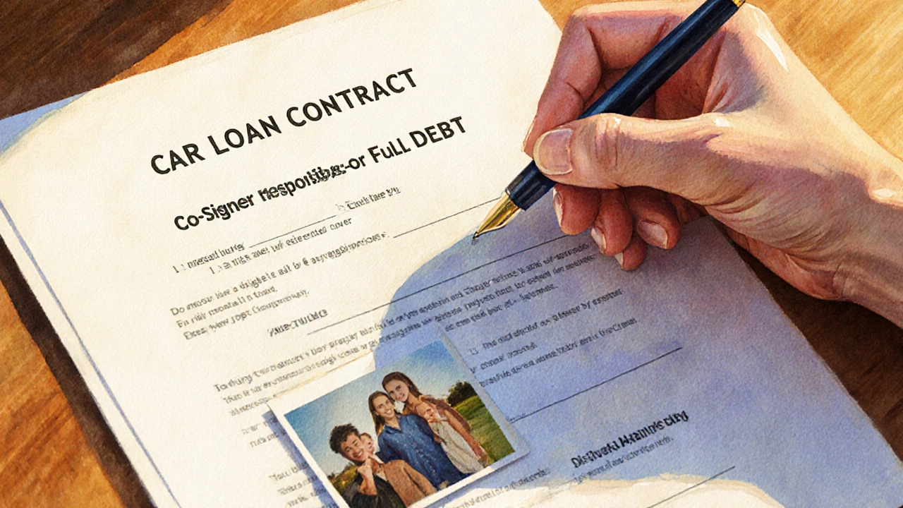 Hand signing car loan contract with family photo beneath, golden light.