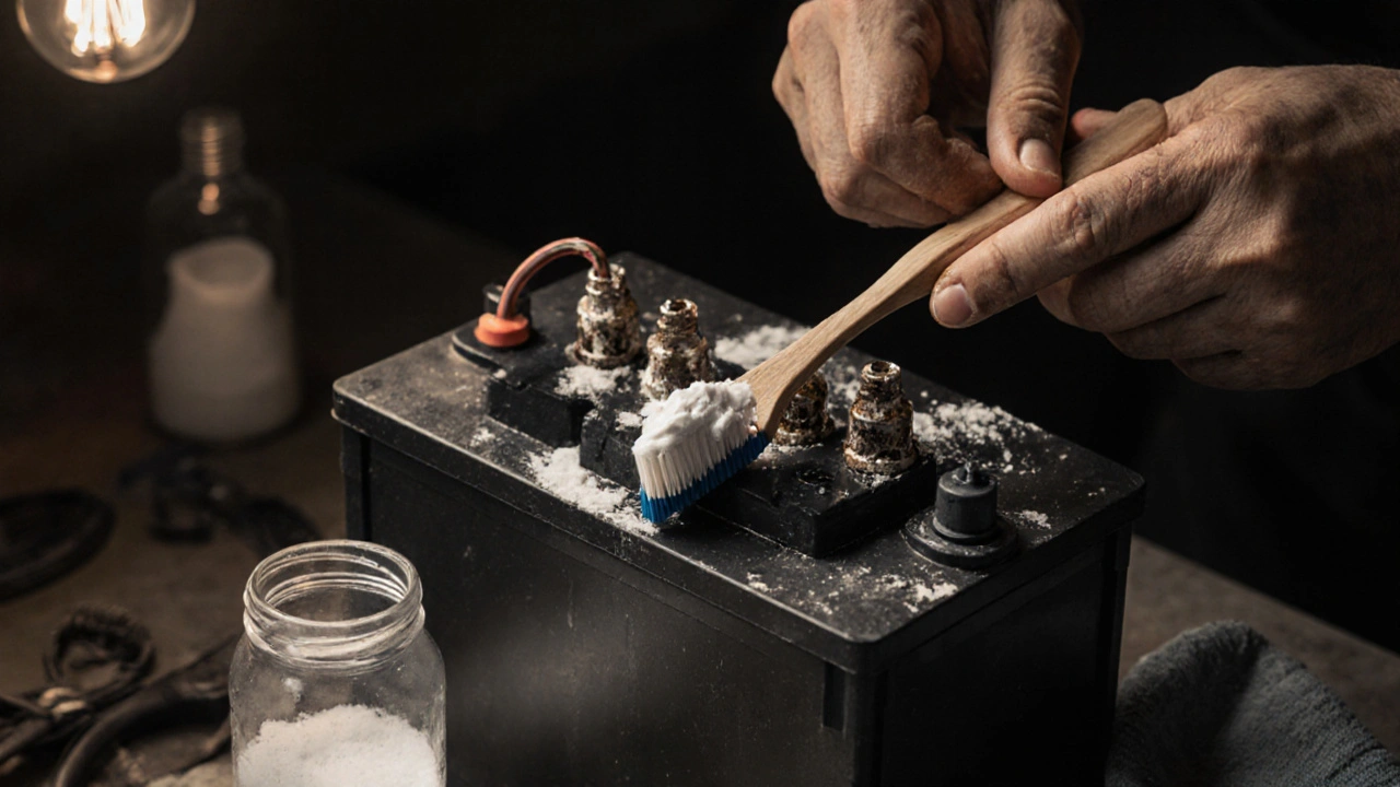 Hands cleaning battery terminals with baking soda paste and toothbrush