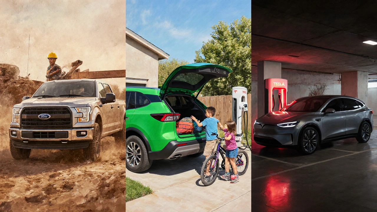 Illustration of an F‑150 at a worksite, a family with a RAV4, and a Model Y charging.