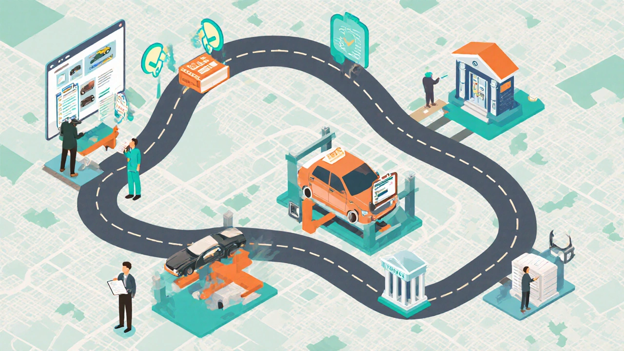 Isometric illustration of a buyer filtering listings, inspecting a car, test‑driving, negotiating, and signing paperwork.