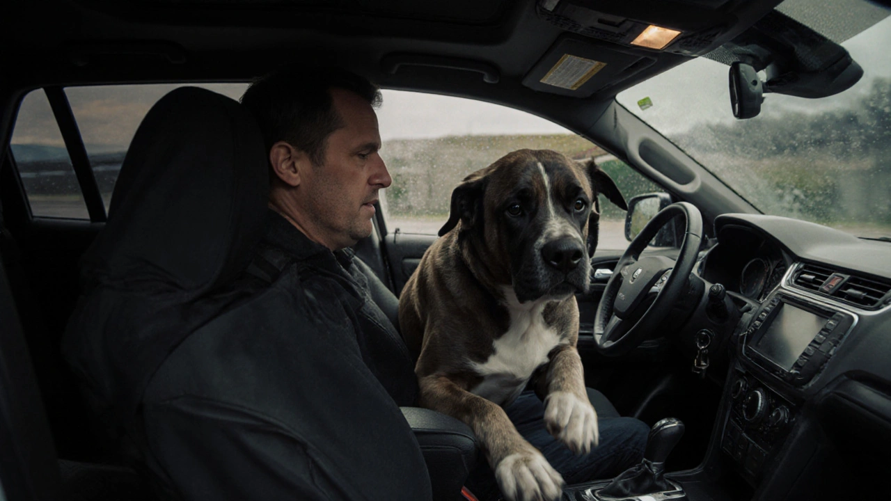 Large dog stopped by pet barrier during sudden brake, safety protection in action.