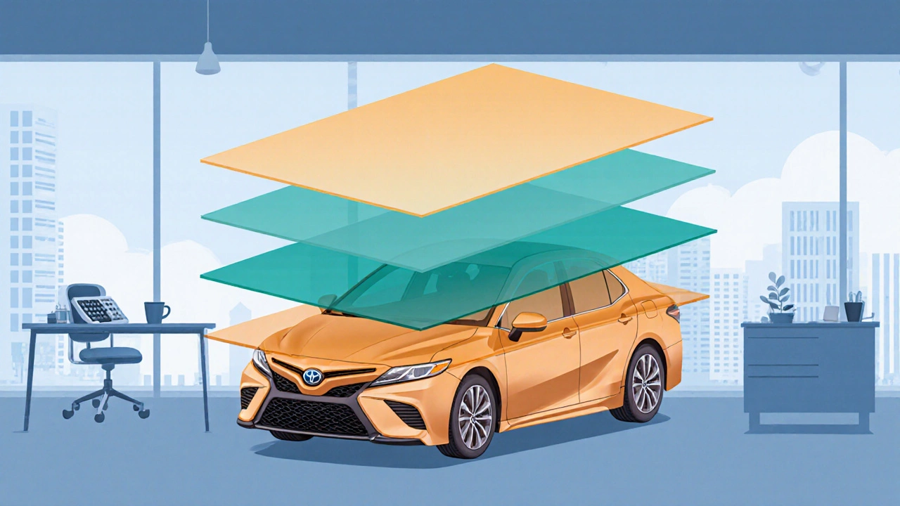 Layered transparent panels illustrate MSRP, invoice, holdback, and reconditioning fees behind a car.