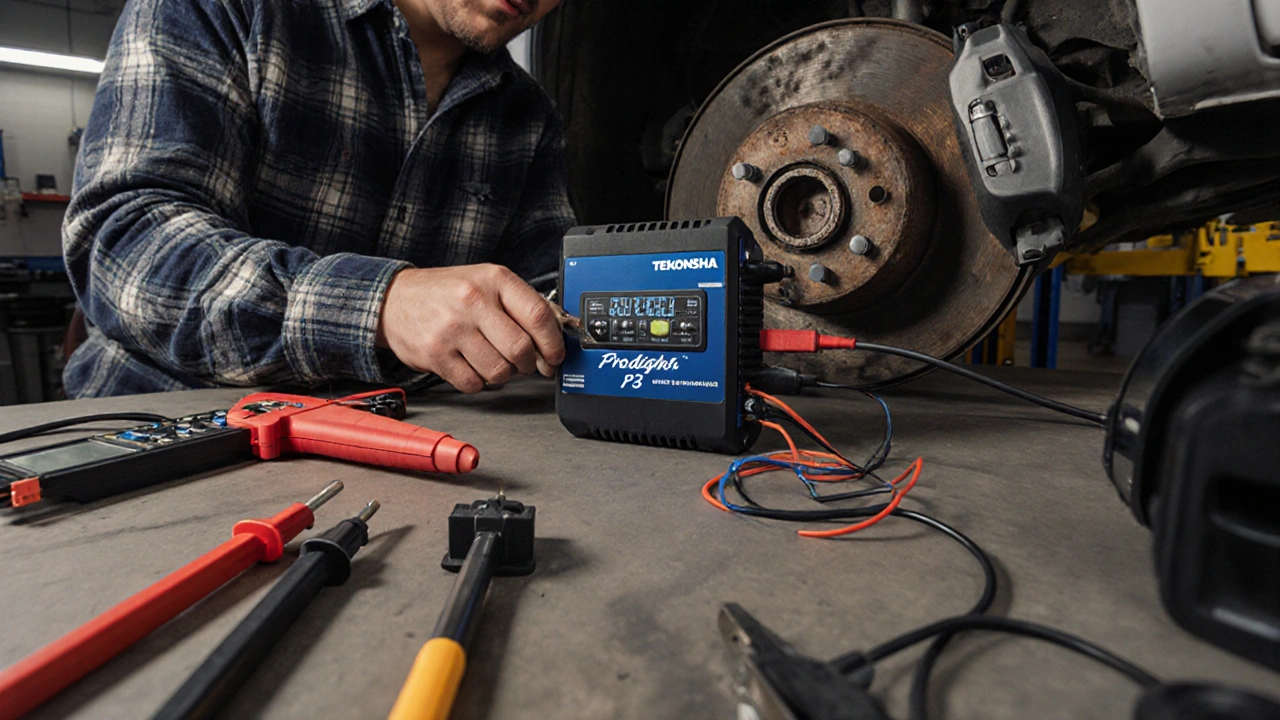 Mechanic calibrating a proportional brake controller in a well-lit workshop.