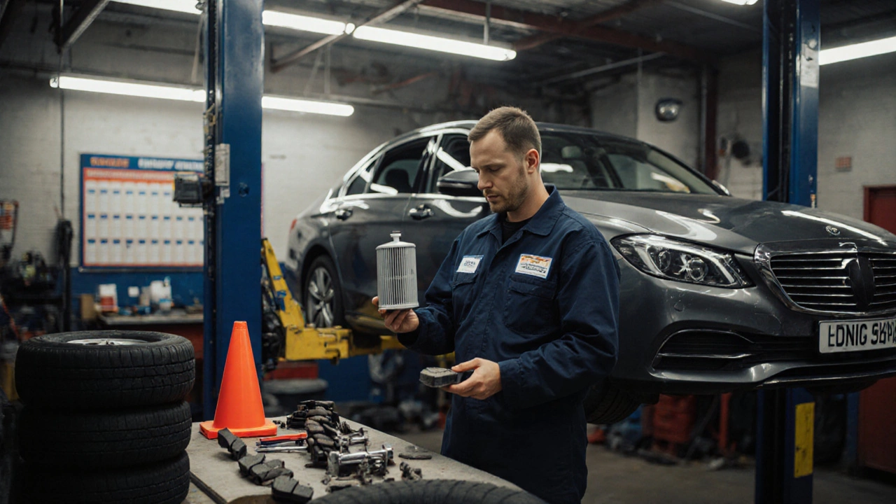 Mechanic handling oil filter and brake pad beside a car in a garage.