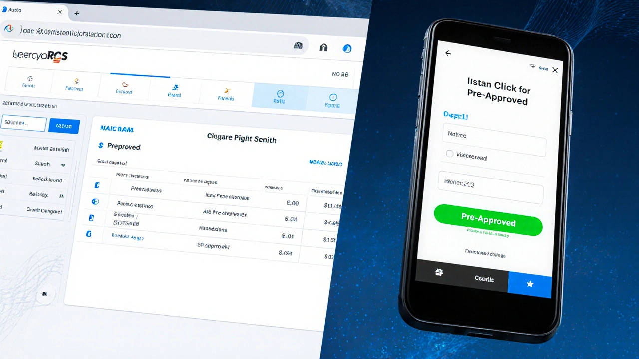 Mobile screen showing a one-click car financing application with a pre-approved badge.