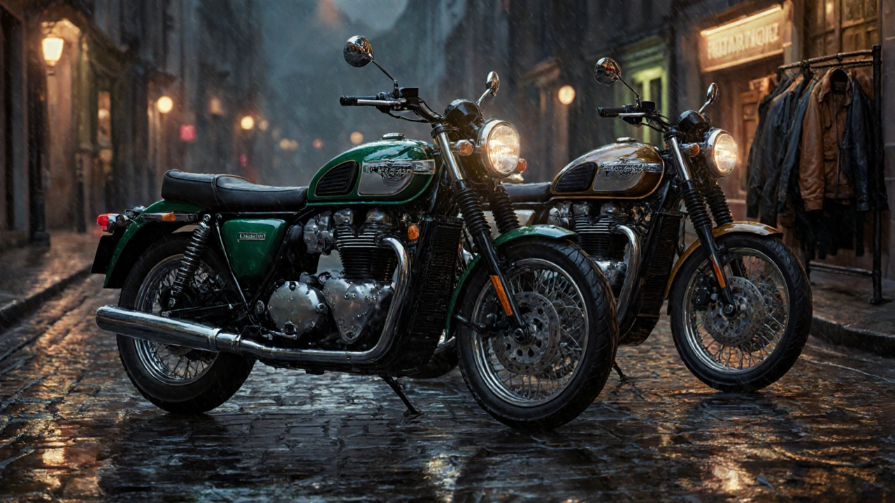 Modern and vintage Triumph Bonneville side by side on a rainy English street at dusk.