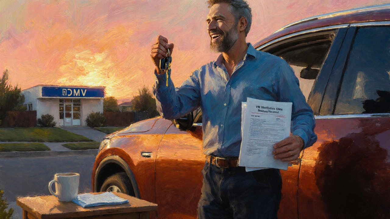 Oil‑painted scene of a new owner holding keys and a warranty booklet beside a sunset‑lit certified pre‑owned car.