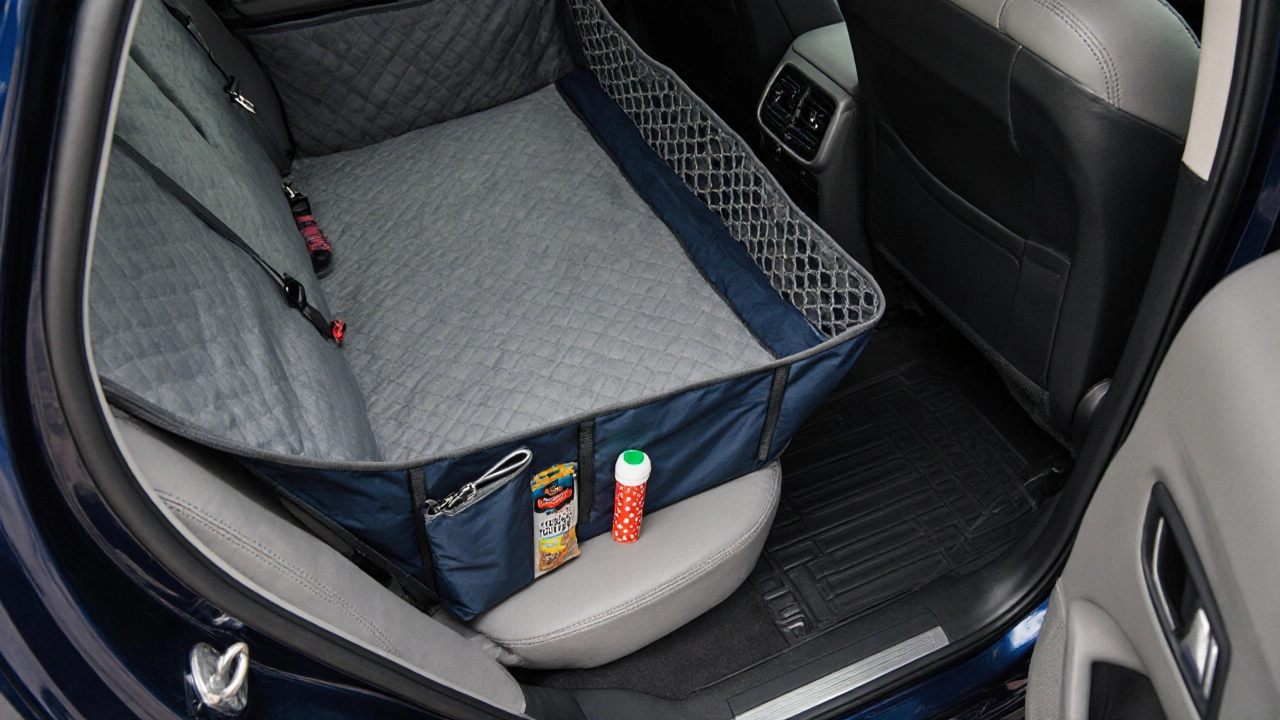 Overhead view of organized car with pet seat cover, barrier, and travel accessories.