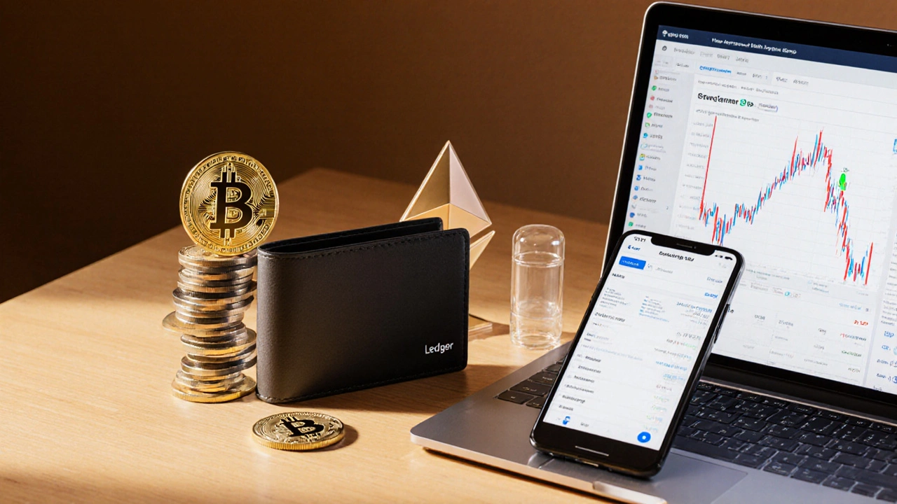 Photorealistic desk with hardware wallet, phone app, exchange dashboard, and physical crypto assets.