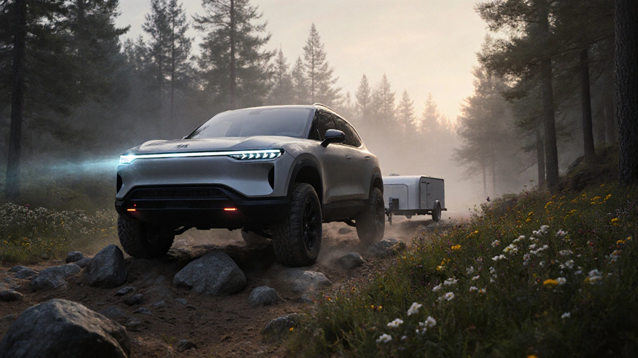 Rivian R1T off-roading through a misty forest, towing a trailer at dawn.
