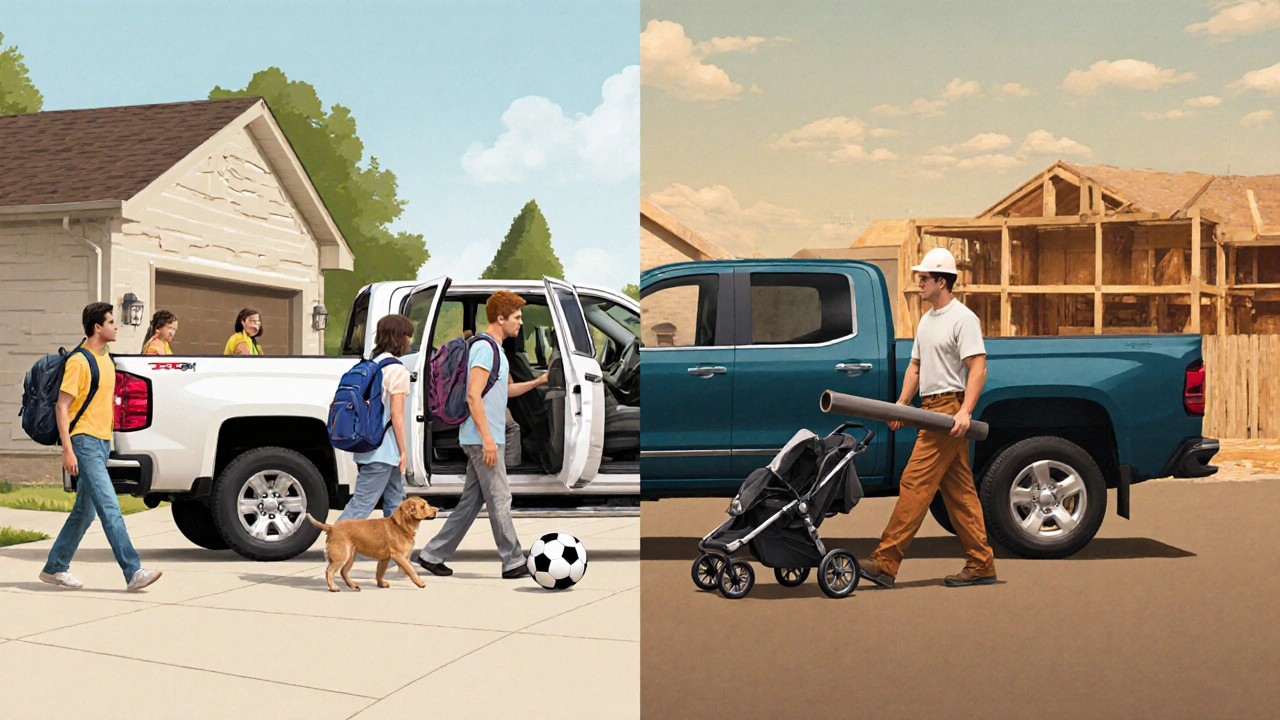 Side-by-side comparison of crew cab family use versus extended cab work limitations.
