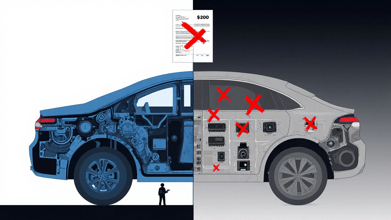 Split diagram of covered vs. excluded car parts, with red Xs over electronics and a price tag.