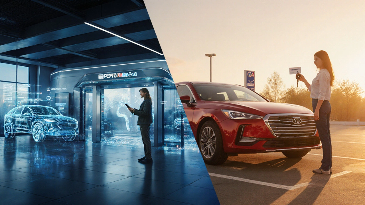 Split illustration comparing a tech‑laden big‑chain showroom with a warm CarMax used‑car lot.