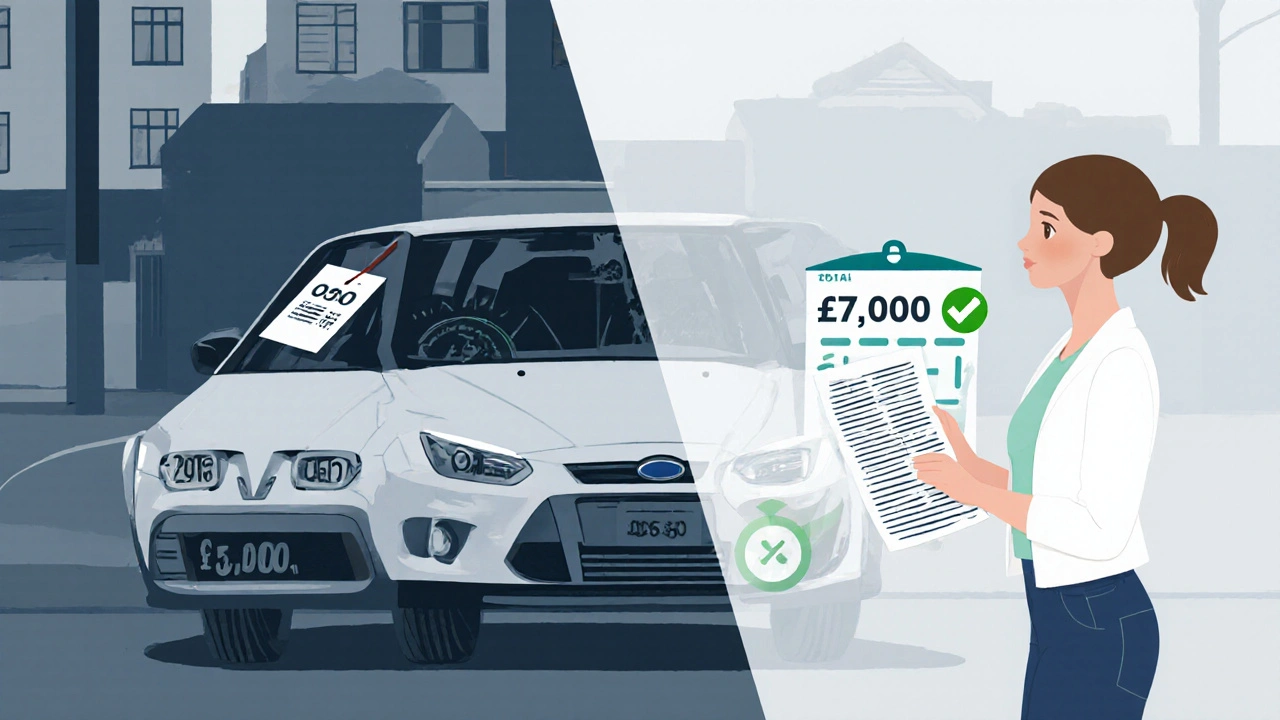 Split illustration of a 2016 Ford Focus and a woman holding a vehicle report, showing budget check.