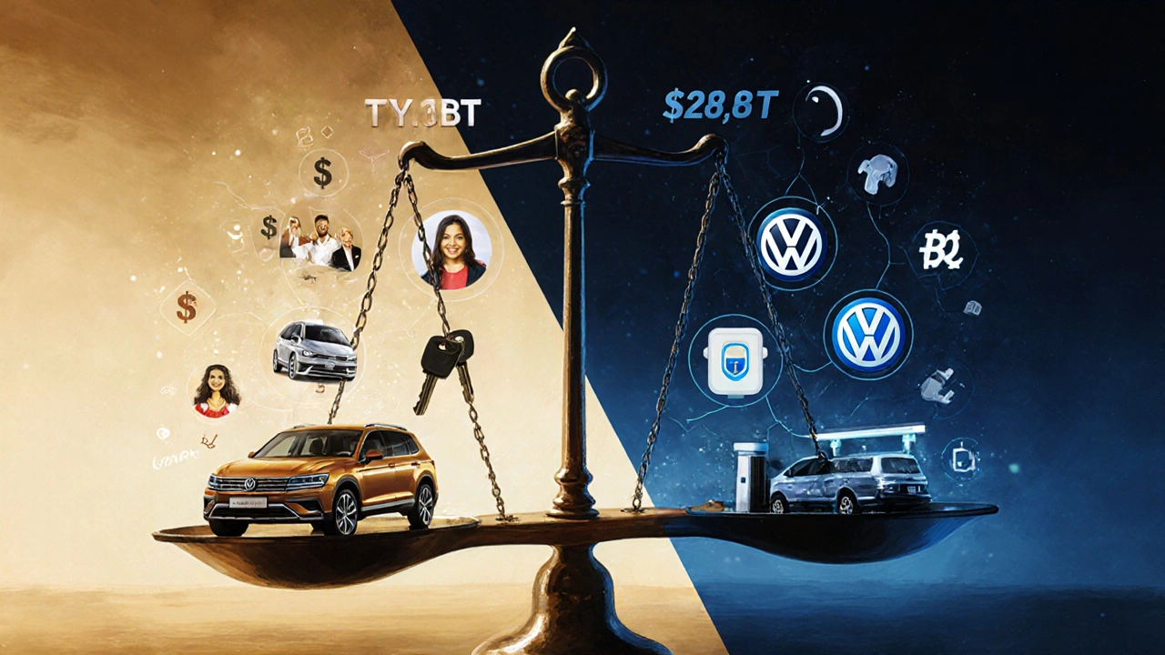 Split-image comparison of Toyota&#039;s high profits from hybrids and loyalty versus Volkswagen&#039;s lower profits and EV challenges.